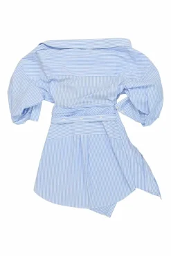 Blue draped cotton poplin off-shoulder wrap-front shirt dress
