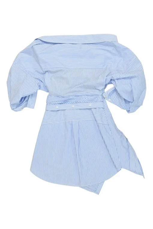 Blue draped cotton poplin off-shoulder wrap-front shirt dress