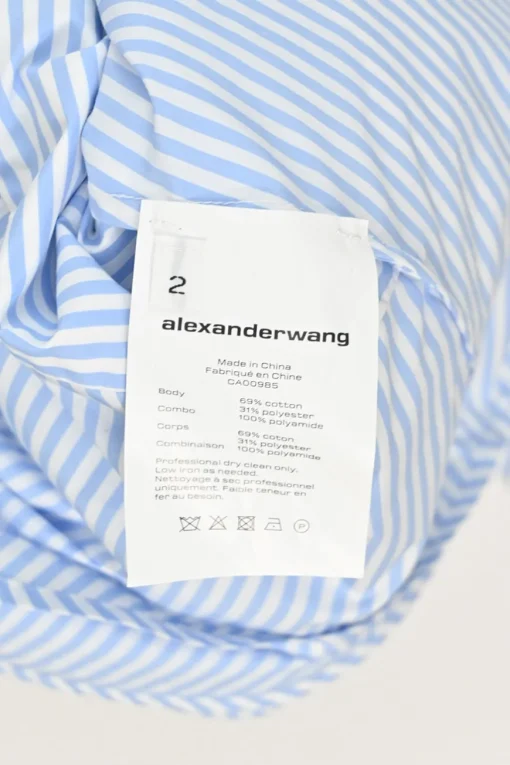Blue draped cotton poplin off-shoulder wrap-front shirt dress