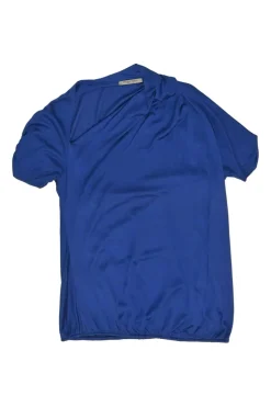 Blue draped silk asymmetric cowl neck short sleeve top