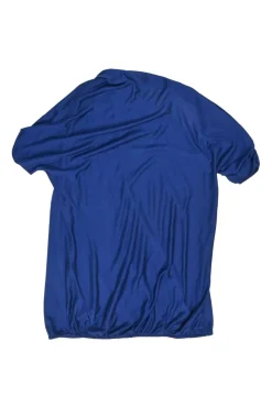 Blue draped silk asymmetric cowl neck short sleeve top