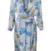 Blue draped silk floral print plunge neck tie-waist wrap-effect mini dress with padded shoulders