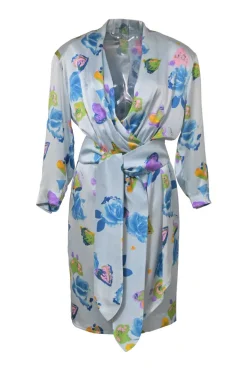 Blue draped silk floral print plunge neck tie-waist wrap-effect mini dress with padded shoulders