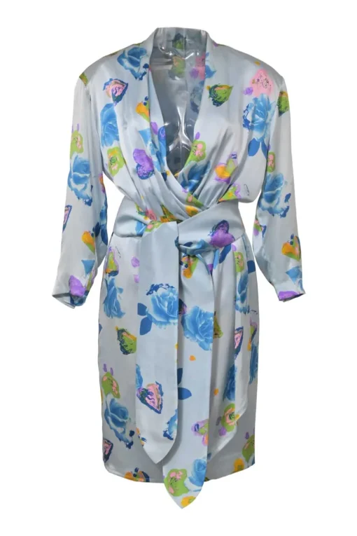 Blue draped silk floral print plunge neck tie-waist wrap-effect mini dress with padded shoulders