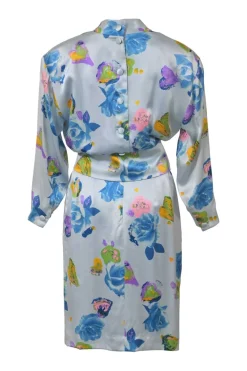 Blue draped silk floral print plunge neck tie-waist wrap-effect mini dress with padded shoulders