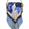 Blue draped silk foulard tie-back halter top with T-bar chainlink strap