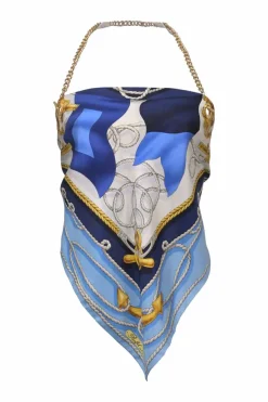 Blue draped silk foulard tie-back halter top with T-bar chainlink strap