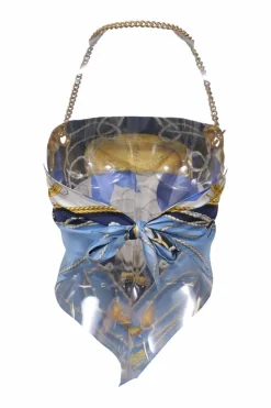 Blue draped silk foulard tie-back halter top with T-bar chainlink strap