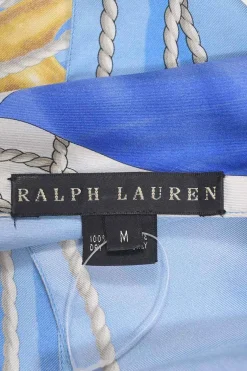 Blue draped silk foulard tie-back halter top with T-bar chainlink strap