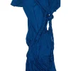 Blue draped viscose knotted jersey sheath dress with braided tie appliqué