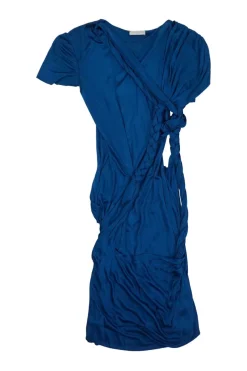 Blue draped viscose knotted jersey sheath dress with braided tie appliqué