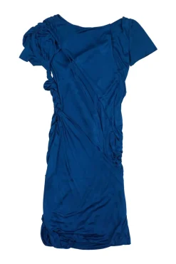 Blue draped viscose knotted jersey sheath dress with braided tie appliqué