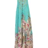 Blue embellished silk abstract print racerback maxi dress featuring metallic bead broderie motif