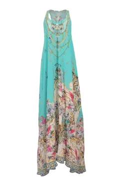 Blue embellished silk abstract print racerback maxi dress featuring metallic bead broderie motif