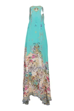 Blue embellished silk abstract print racerback maxi dress featuring metallic bead broderie motif