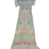 Blue embellished silk patchwork abstract print cold shoulder wrap maxi dress with ruffle inserts