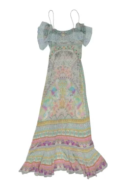 Blue embellished silk patchwork abstract print cold shoulder wrap maxi dress with ruffle inserts