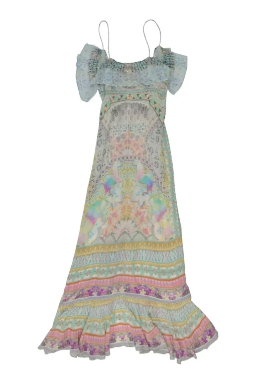 Blue embellished silk patchwork abstract print cold shoulder wrap maxi dress with ruffle inserts