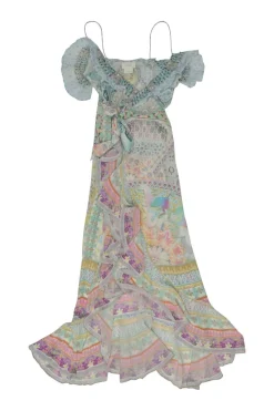 Blue embellished silk patchwork abstract print cold shoulder wrap maxi dress with ruffle inserts