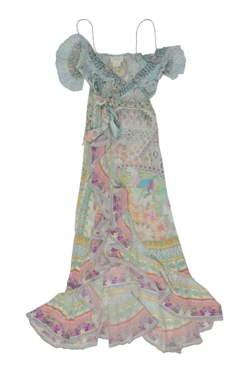 Blue embellished silk patchwork abstract print cold shoulder wrap maxi dress with ruffle inserts