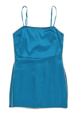 Blue embellished silk satin bustier mini dress with adjustable spaghetti straps