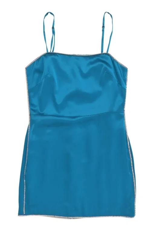 Blue embellished silk satin bustier mini dress with adjustable spaghetti straps