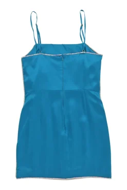 Blue embellished silk satin bustier mini dress with adjustable spaghetti straps