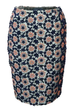 Blue floral embroidered silk-blend high-waist knee length skirt