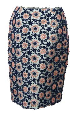 Blue floral embroidered silk-blend high-waist knee length skirt