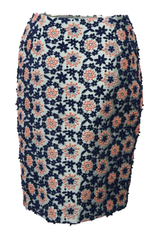 Blue floral embroidered silk-blend high-waist knee length skirt