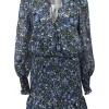Blue floral print smocked polyester chiffon V-neck Saera mini dress with tiered ruffle hem