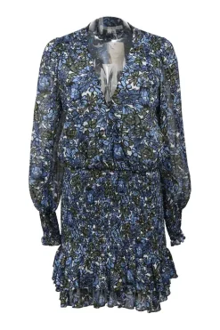 Blue floral print smocked polyester chiffon V-neck Saera mini dress with tiered ruffle hem