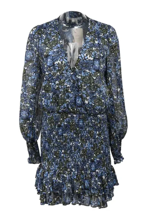 Blue floral print smocked polyester chiffon V-neck Saera mini dress with tiered ruffle hem