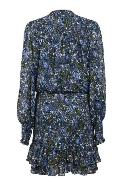 Blue floral print smocked polyester chiffon V-neck Saera mini dress with tiered ruffle hem