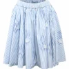 Blue floral stripe cotton poplin gathered skater skirt with elasticated waistband