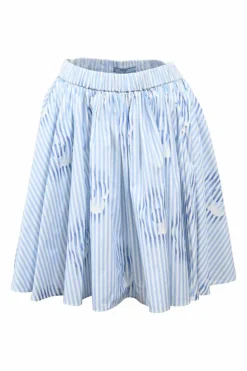 Blue floral stripe cotton poplin gathered skater skirt with elasticated waistband