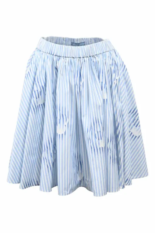 Blue floral stripe cotton poplin gathered skater skirt with elasticated waistband