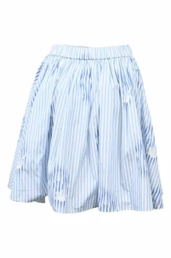 Blue floral stripe cotton poplin gathered skater skirt with elasticated waistband