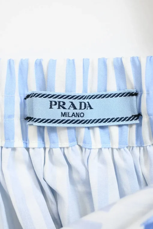 Blue floral stripe cotton poplin gathered skater skirt with elasticated waistband