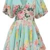 Blue floral-embroidered cotton plunge neck mini skater dress with balloon sleeves and godet skirt inserts