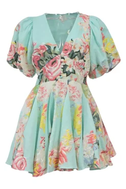 Blue floral-embroidered cotton plunge neck mini skater dress with balloon sleeves and godet skirt inserts