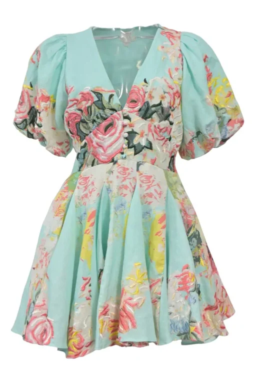 Blue floral-embroidered cotton plunge neck mini skater dress with balloon sleeves and godet skirt inserts