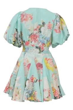 Blue floral-embroidered cotton plunge neck mini skater dress with balloon sleeves and godet skirt inserts