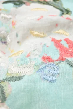 Blue floral-embroidered cotton plunge neck mini skater dress with balloon sleeves and godet skirt inserts