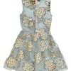 Blue floral-embroidered polyester-blend organza knee-length A-line dress with fitted bodice and circle skirt