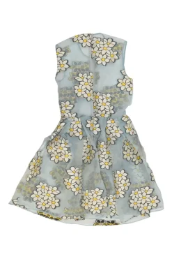 Blue floral-embroidered polyester-blend organza knee-length A-line dress with fitted bodice and circle skirt