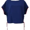 Blue French terry cap sleeve blouse with drawstring waist