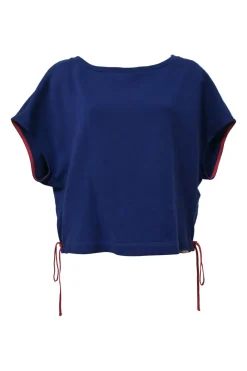 Blue French terry cap sleeve blouse with drawstring waist