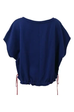 Blue French terry cap sleeve blouse with drawstring waist
