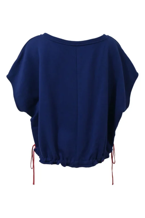 Blue French terry cap sleeve blouse with drawstring waist